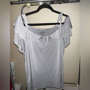 Blue/gray off the shoulder with straps.